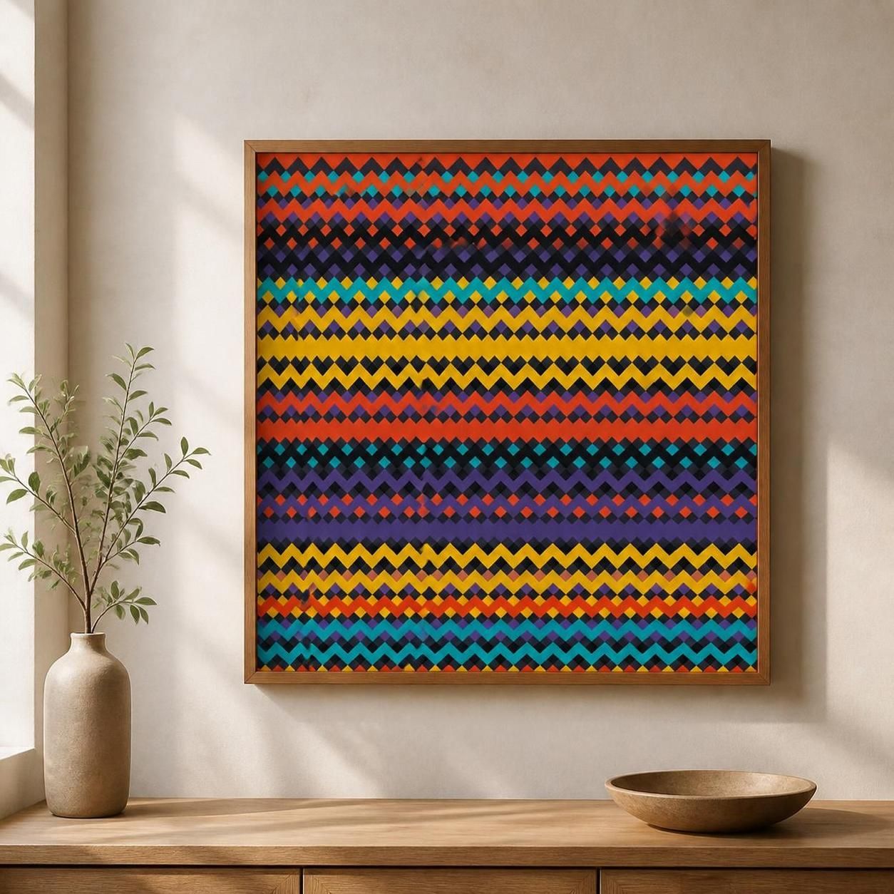Colorful geometric pattern displayed in a framed print